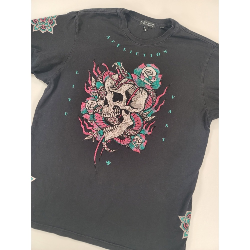 Affliction Black Label Skull Snake Rhinestone Graphic Tee Womens L